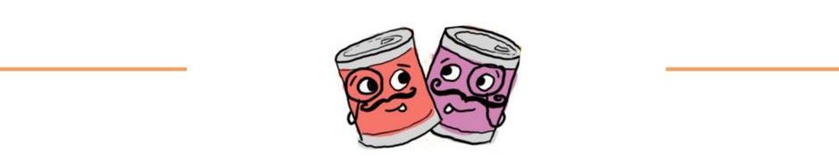 Two cans of soda with faces drawn on them.